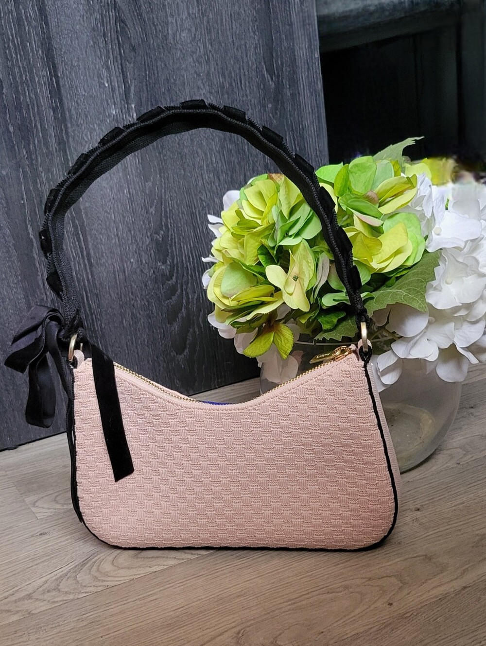 Rothy's The Mini Shoulder Bag in Ballerina Bow Pink & Black Velvet, 13.5" x 10" - Picture 2 of 16
